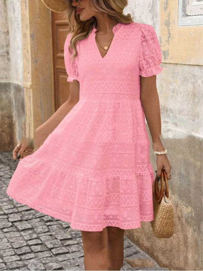 Summer V-neck Solid Color Hollow Women Dress