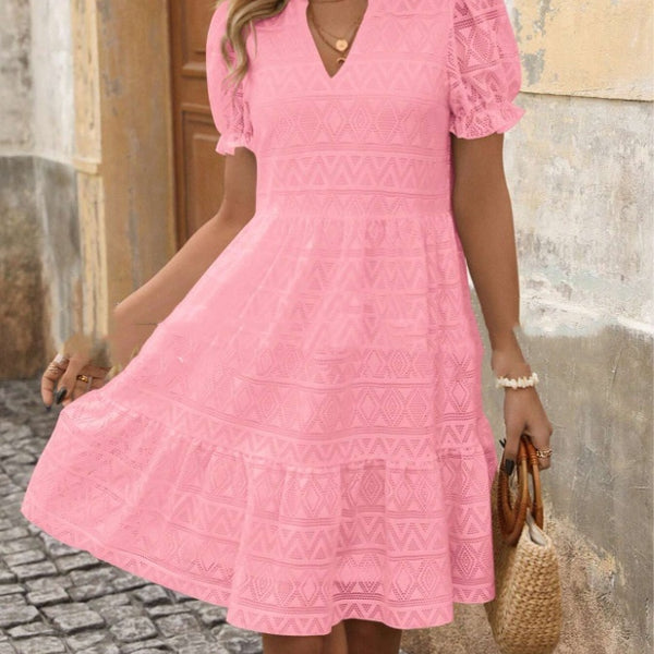 Summer V-neck Solid Color Hollow Women Dress