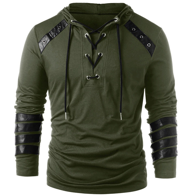 Men's T-shirt With Leather Tethered Hooded Pullover Long-sleeved Sports T-shirt