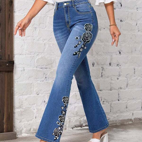 Women's Fashionable Stretch Floral Embroidered Flared Jeans