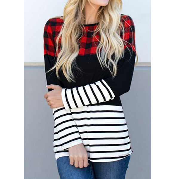 New Fall Women's Clothing Striped Patchwork Top Plaid Long Sleeve