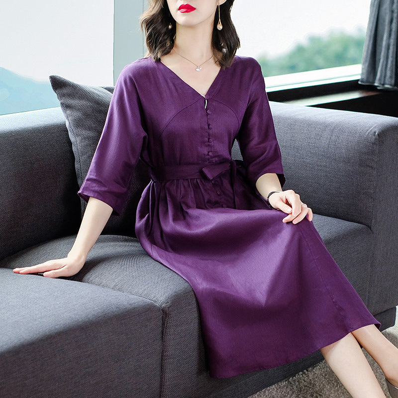 Summer Five-point Sleeve Cotton And Linen Dress