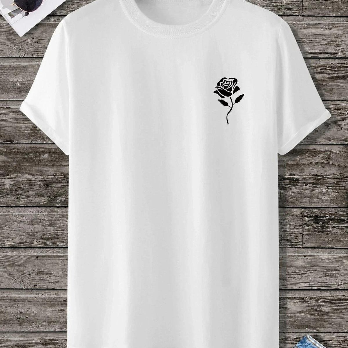 Rose Print T-shirt For Men's Casual Crew Neck Short-sleeve