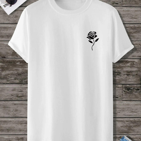 Rose Print T-shirt For Men's Casual Crew Neck Short-sleeve