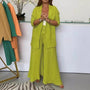 Cotton Linen Suit Collar Cardigan Smocking Wide Leg Pants Suit Women