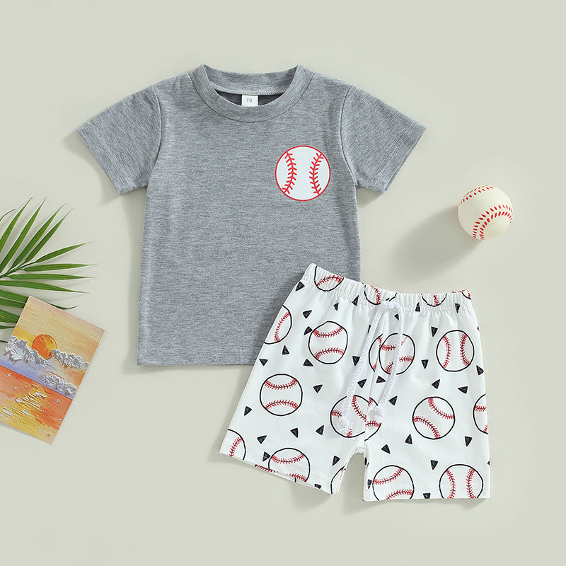 Boys' Children Baseball Printed Short-sleeved T-shirt And Shorts Two-piece Set