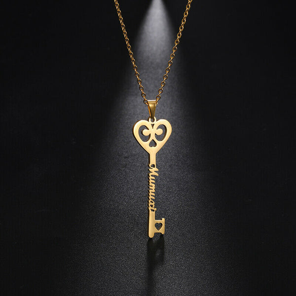 Custom Key Shaped Name Necklace Women's Stainless Steel Vertical Pendant Jewelry Couple Necklace