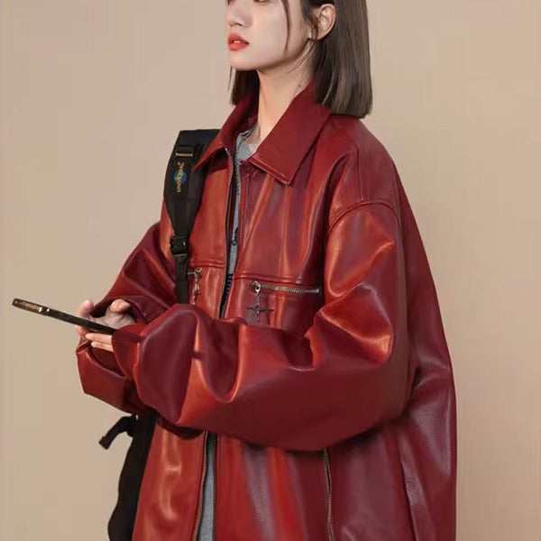 Turn-down Collar Coat Women's Leather Jacket