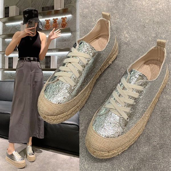 Round Head Thick Bottom Lace-up Sequined Linen Bottom Breathable Shoes Women