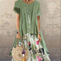 Cotton And Linen Printed Round Neck False Two Pieces Dress