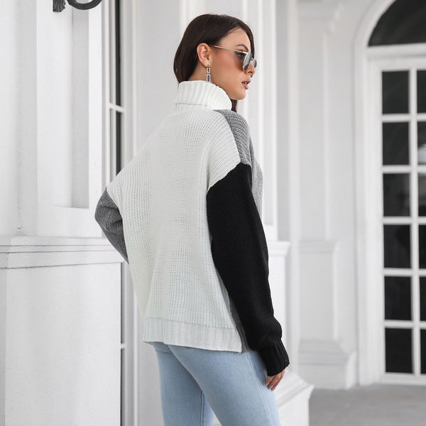 High Neck Drop Shoulder Long Sleeve Knitted Sweater For Women