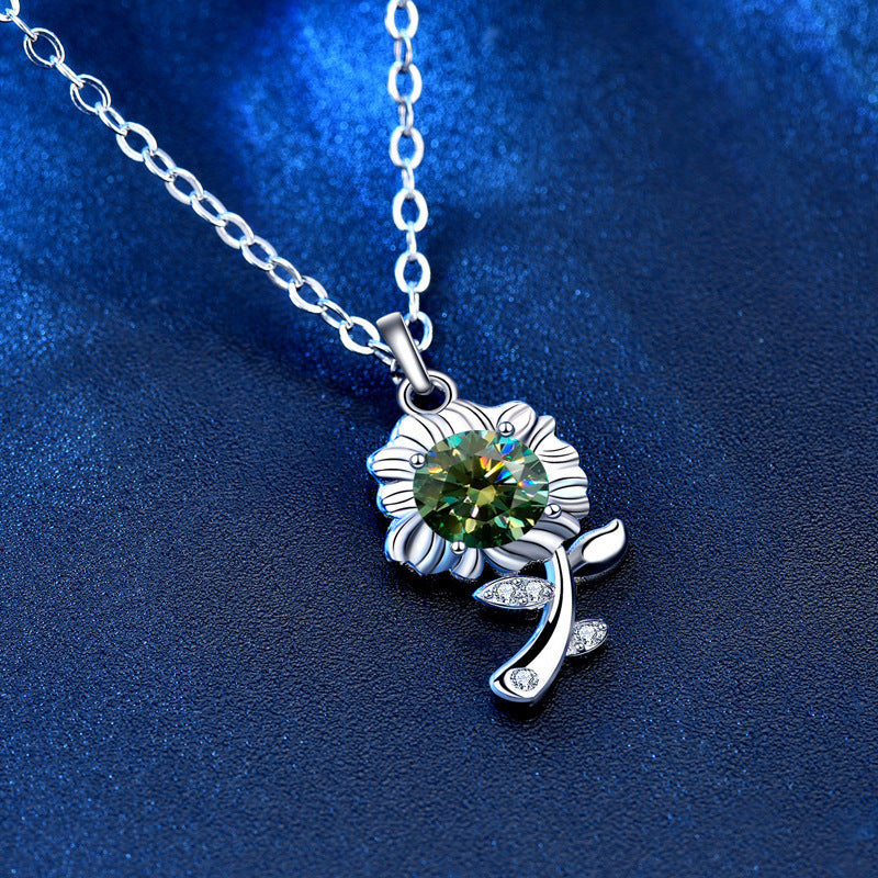 Sterling Silver Necklace Green Moissanite Sunflower Flower Pendant