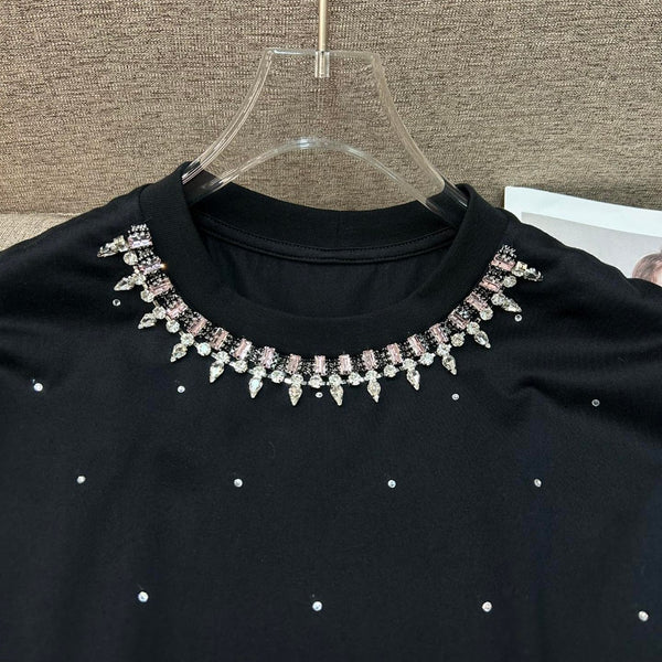 Simple Round Neck Rhinestone Full Diamond Design Short Sleeve T-shirt