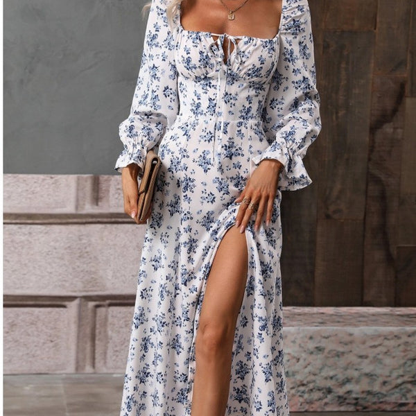 Flowers Printing Long Sleeve Dress Fashion Square-neck Bottom Slit Dresses Womens  Clothing