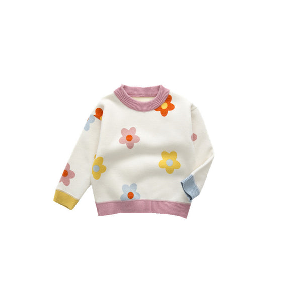 Autumn And Winter Children's Velvet Padded Sweater Girls' Baby Flower Thickened Pullover Knitting Bottoming Shirt