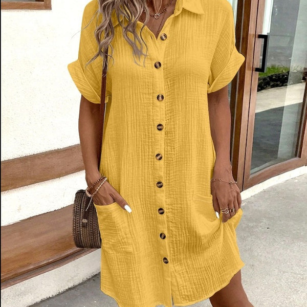 Summer Short Sleeve Shirt Dress Fashion Solid Color Single-breasted Mid-length Loose Dress