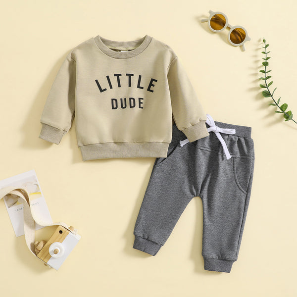 Boys' Round Neck Letter Print Top Solid Color Trousers Two-piece Set