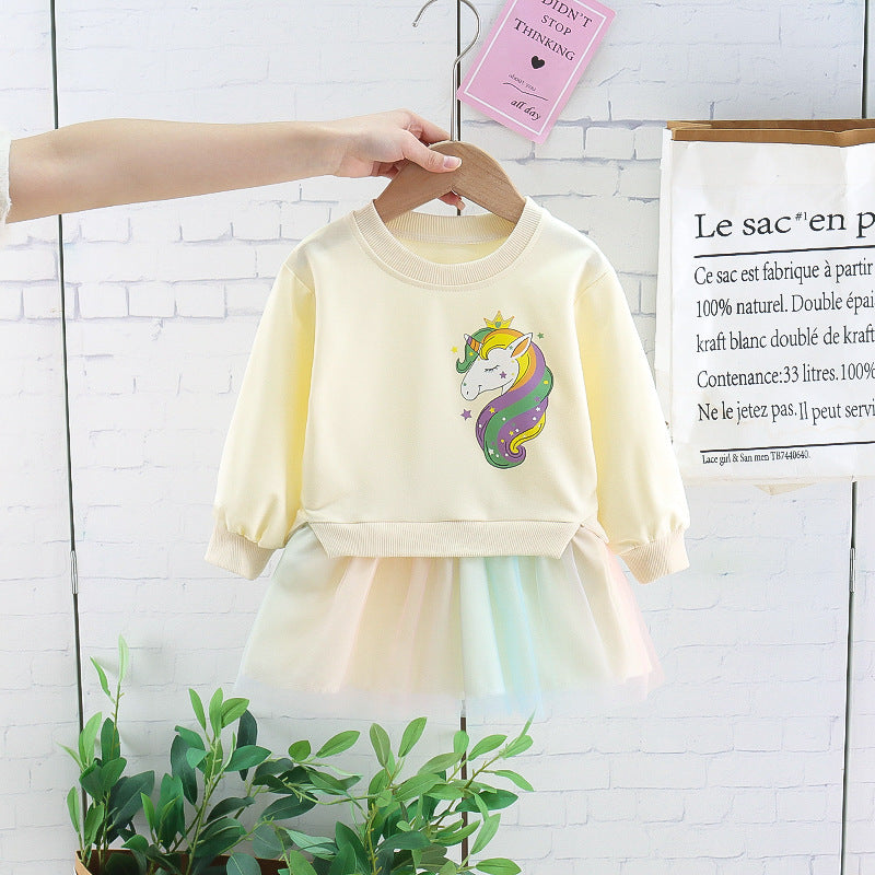 Girls' Skirt Children's Pullover Long Sleeve Cartoon Mesh Princess Dress Baby Girl Fashionable Dress