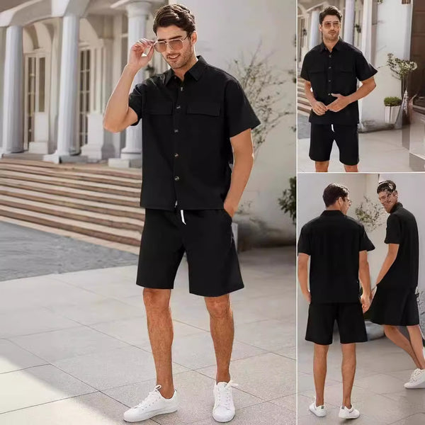 Summer Suits Men Short Sleeve Lapel Pockets Shirt And Drawstring Shorts Sports Fashion Leisure Men's Clothing