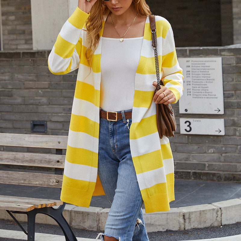 Women's Knitted Sweater Long Color Contrast Striped Cardigan Sweater