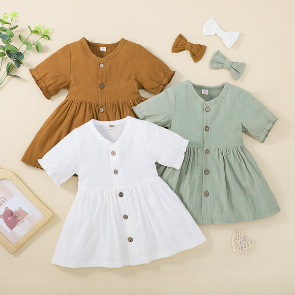 Children's Cotton And Linen Baby Girl's Short-sleeved Dress With Barrettes Suit