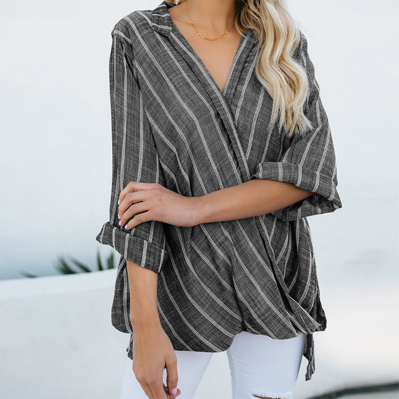 Striped Cotton And Linen Irregular Long Sleeve Plus Size Blouse