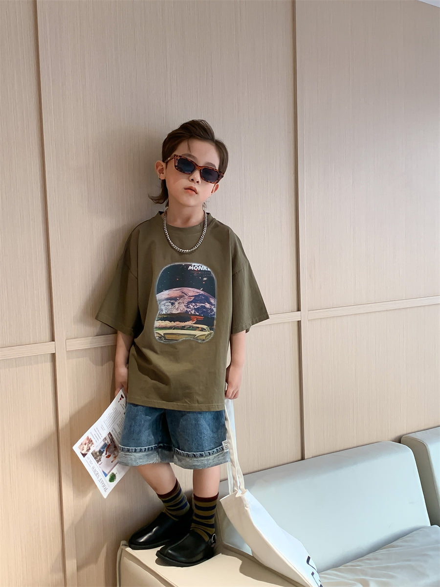 Boys' T-shirt Summer New Children's Fried Street Fashionable Short Sleeve Baby Boy Thin Summer Clothing Breathable Printed Half Sleeve