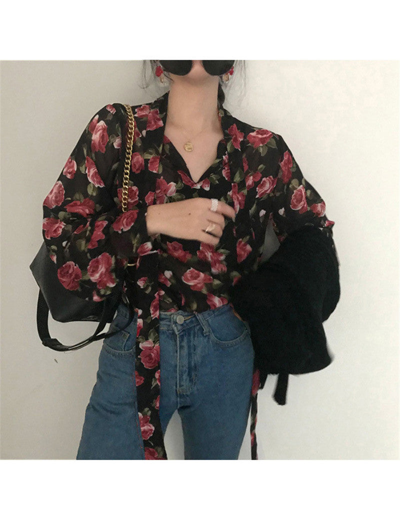 Women Retro Floral Chic Chiffon Spring Fall Fashion  Lace-up Design Soft Female Shirts Top Ins