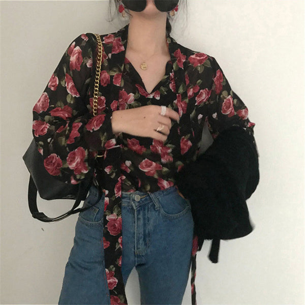 Women Retro Floral Chic Chiffon Spring Fall Fashion  Lace-up Design Soft Female Shirts Top Ins