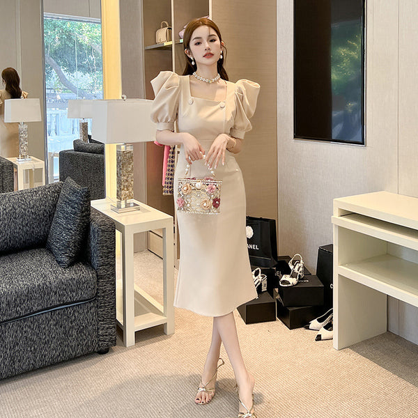 Commuting Elegant Puff Sleeve Waist Slim Fit Dress