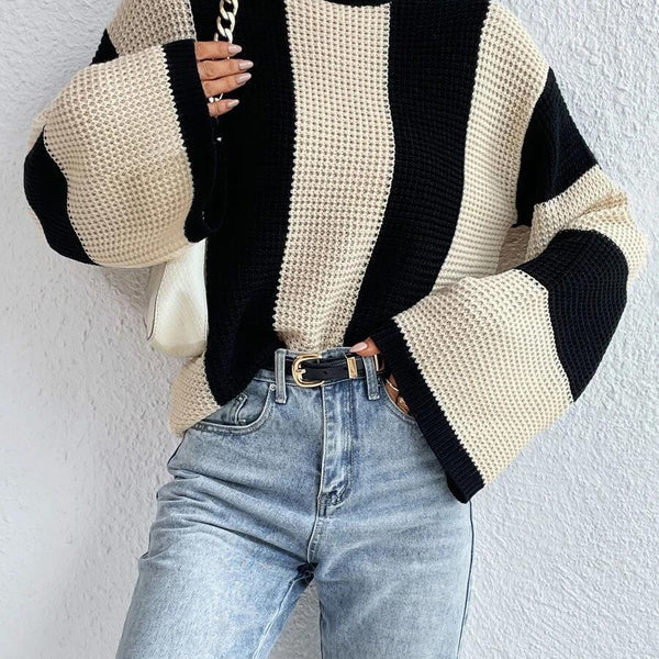 Women's Round Neck Striped Design Niche Knitted Sweater Top