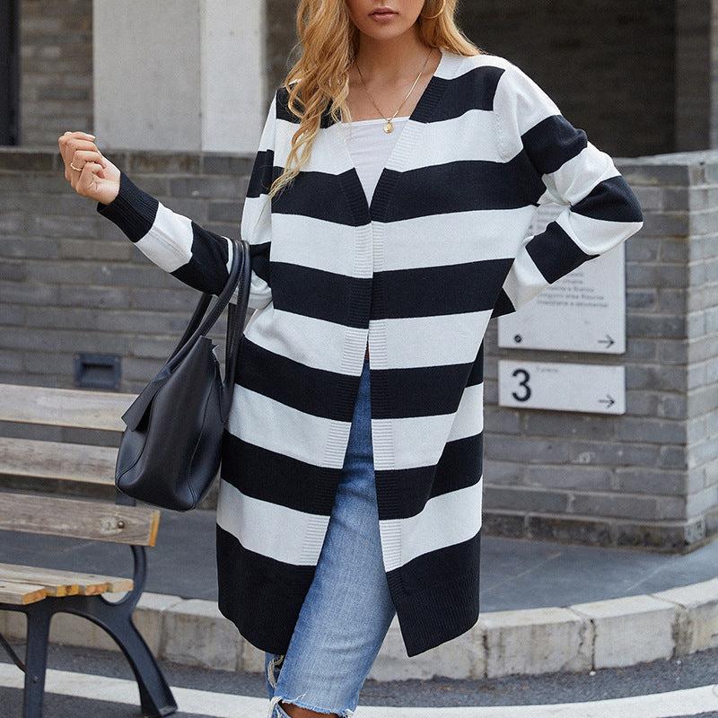 Women's Knitted Sweater Long Color Contrast Striped Cardigan Sweater