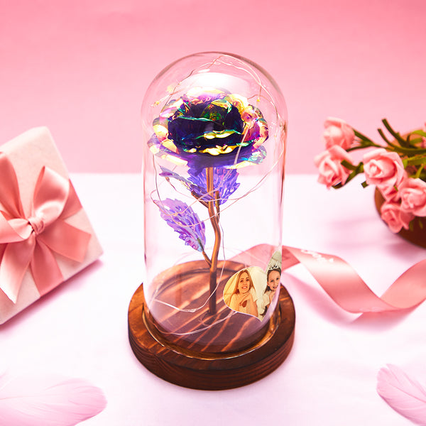 Custom Heart-Shaped Photo Colorful Simulation Eternal Rose Flower LED Night Light Forever Roses In Glass Dome