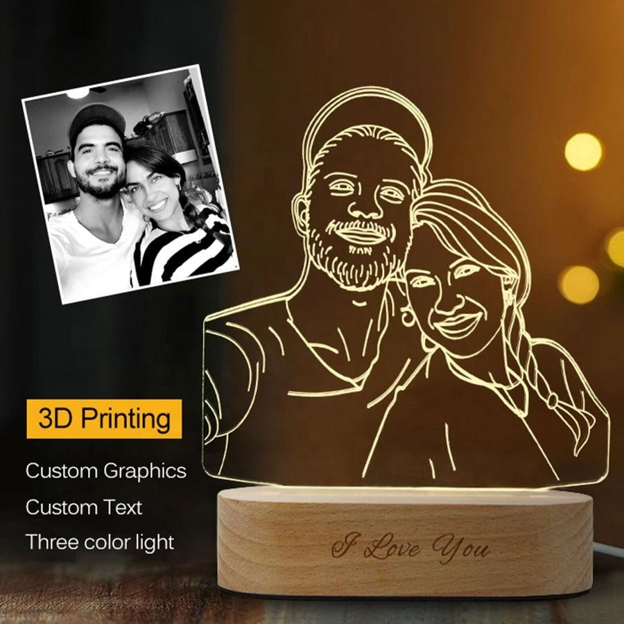 Custom Any Shape 3D Acrylic Lamp Picture Night Light With Engraved Wooden Base