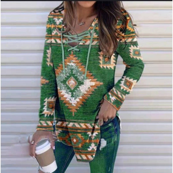 Fall V-neck Lace Ethnic Style Pullover Long Sleeve Women's Clothing