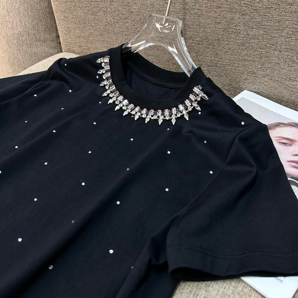 Simple Round Neck Rhinestone Full Diamond Design Short Sleeve T-shirt
