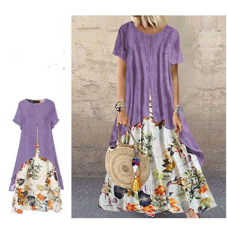 Cotton And Linen Printed Round Neck False Two Pieces Dress