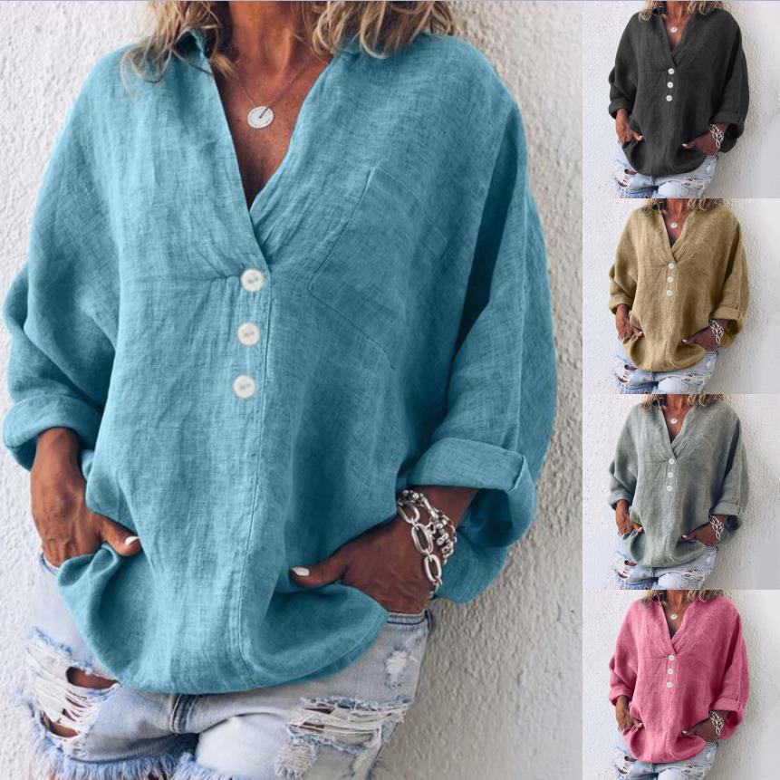 Women's V-neck Imitation Cotton Linen Long Sleeve Blouse Pullover Shirt