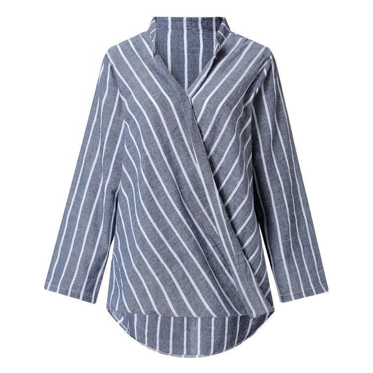 Striped Cotton And Linen Irregular Long Sleeve Plus Size Blouse