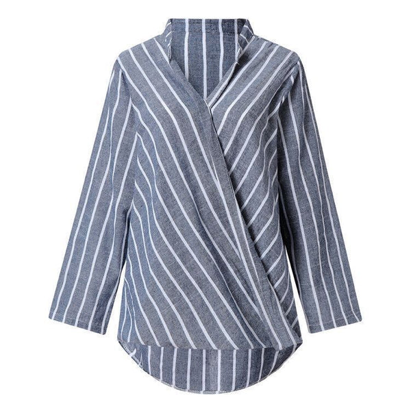 Striped Cotton And Linen Irregular Long Sleeve Plus Size Blouse