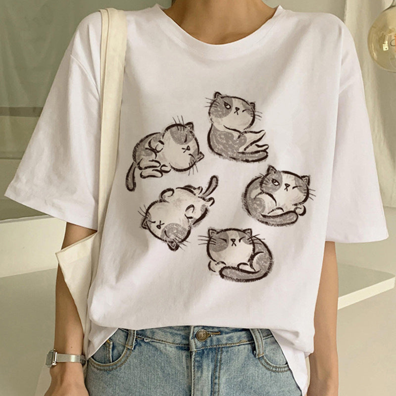 Personalized Funny Cat Print Men And Women Couple Short-sleeved T-shirt Ins Tide