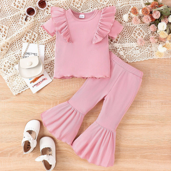 Sweet Leisure Solid Color Short Sleeve Bell-bottom Pants Comfortable Suit