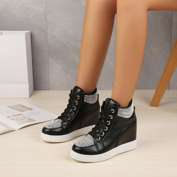 Inner Height Increasing Shoes Women Rhinestone Flats Lace-up Sneakers Shoes